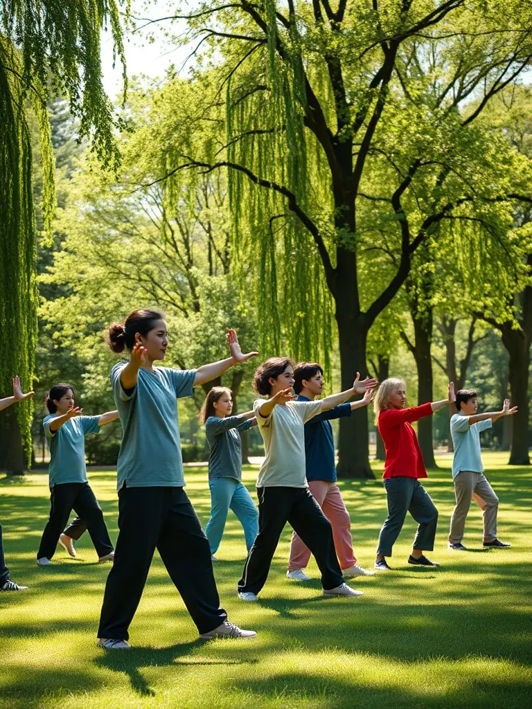 A serene image of students practicing Yang-style Tai Chi in a lush, green park, emphasizing the flowing movements and peaceful atmosphere.