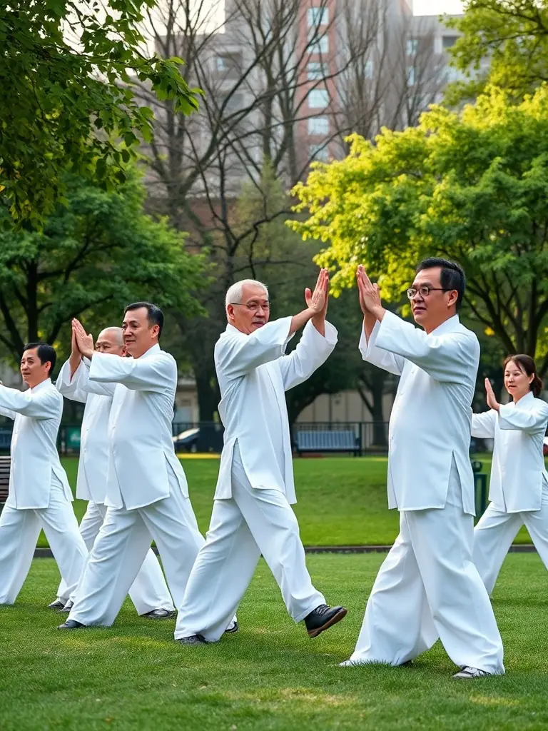 A group of Tai Chi practitioners in a park, performing a synchronized form with focused expressions. The background shows a blend of urban and natural elements.