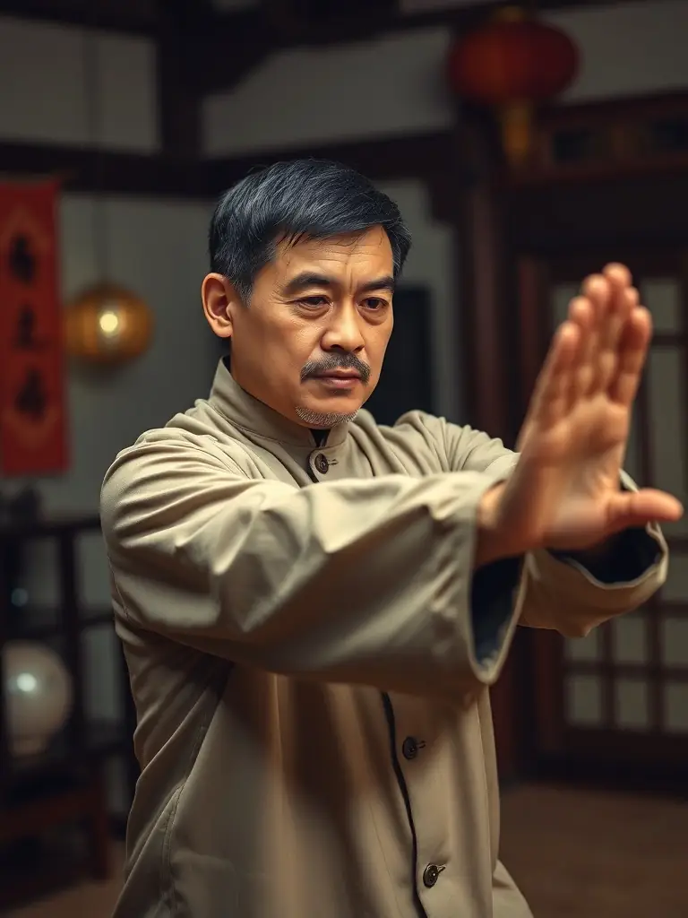 A close-up shot of a Tai Chi instructor demonstrating a precise movement, emphasizing the grace and control involved in the practice.