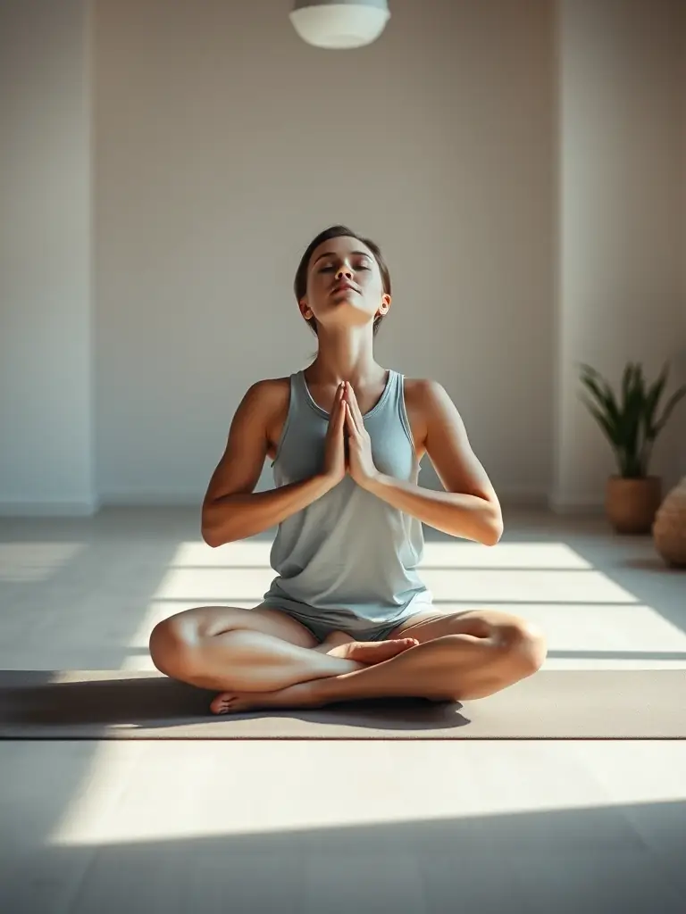 A tranquil scene of individuals practicing Qi Gong and meditation in a softly lit studio, highlighting the focus and inner peace achieved through these practices.