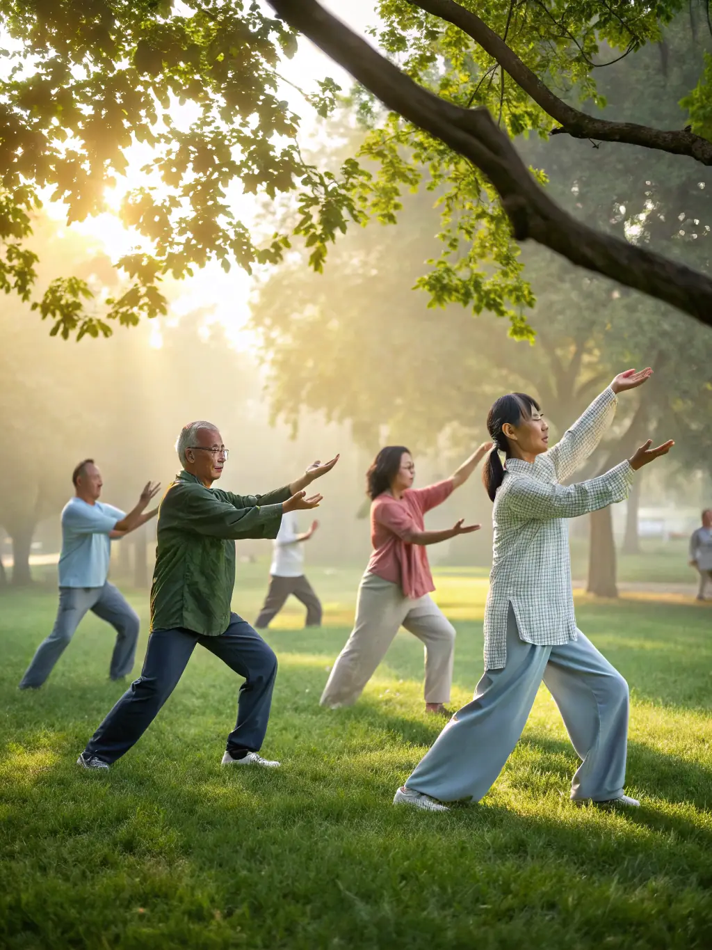 A group of people practicing Qi Gong in a peaceful outdoor setting, surrounded by trees and nature. The atmosphere is calm and focused.