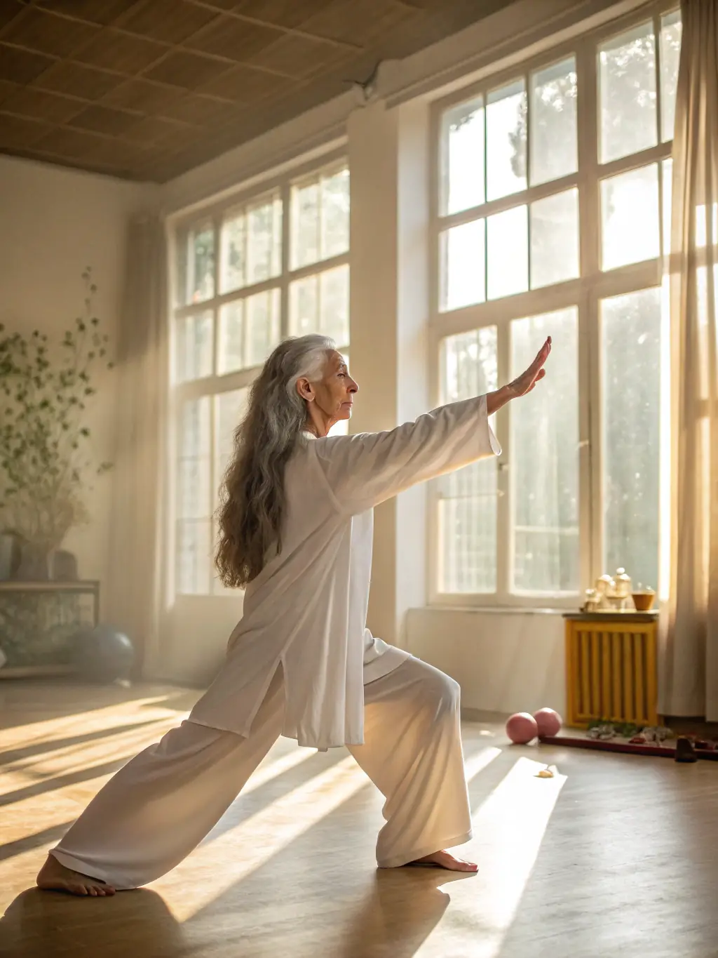 A serene image of a group practicing Yang-style Tai Chi in a sunlit studio, focusing on their graceful movements and postures, suitable for the 'Programs & Activities' page of TAI CHI CHUAN EN ROUERGUE.