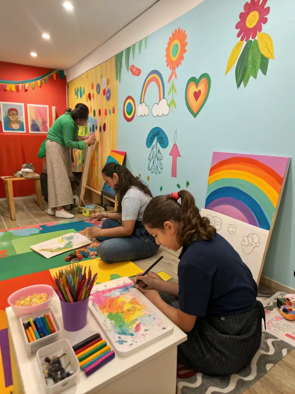 A vibrant image of a Chinese painting workshop in progress, showcasing participants creating artwork with traditional brushes and ink, for the 'Programs & Activities' section of TAI CHI CHUAN EN ROUERGUE.