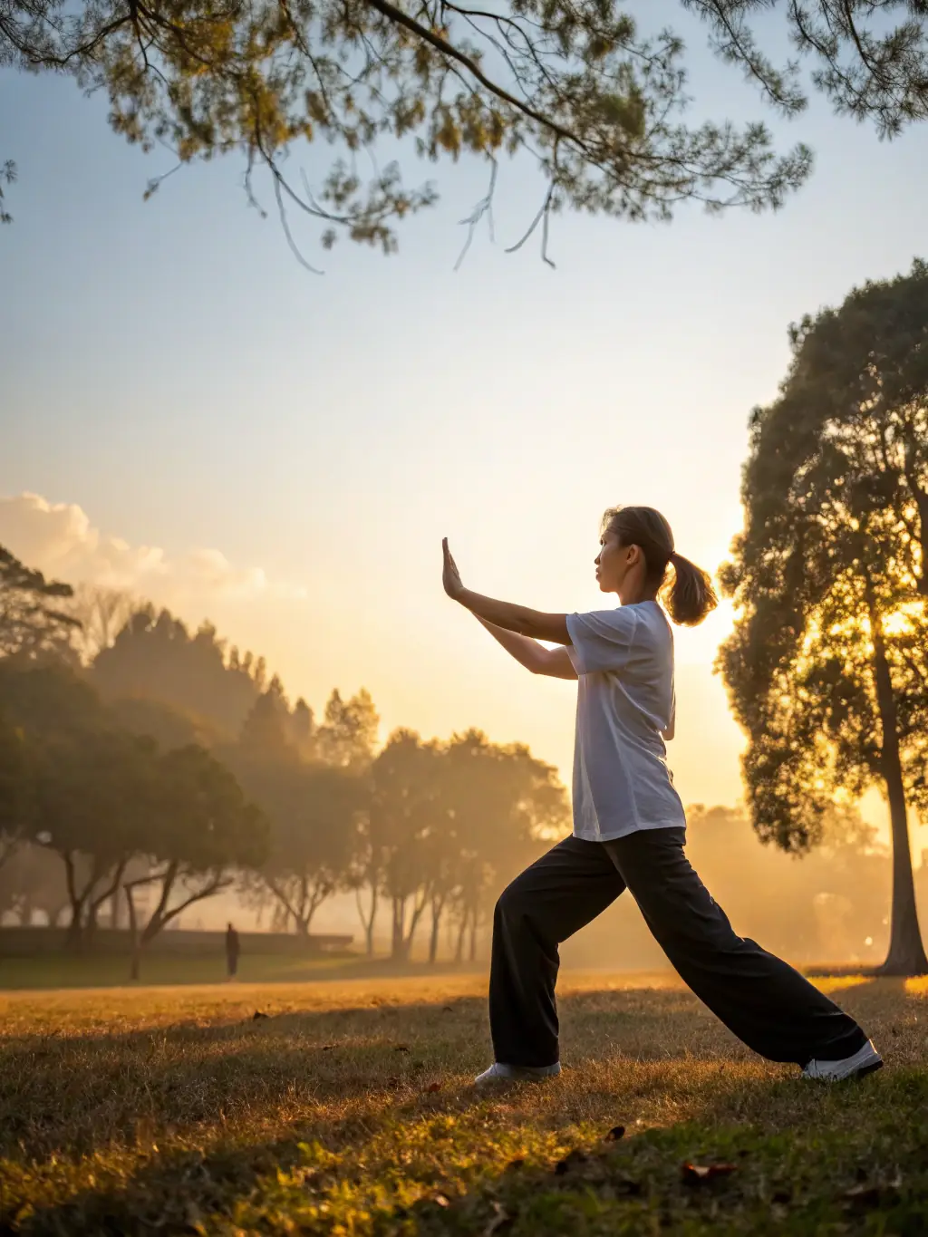 A serene image of a Tai Chi class in a park at sunrise, participants in white uniforms performing slow, graceful movements, symbolizing the harmony and peace of early morning practice at TAI CHI CHUAN EN ROUERGUE.