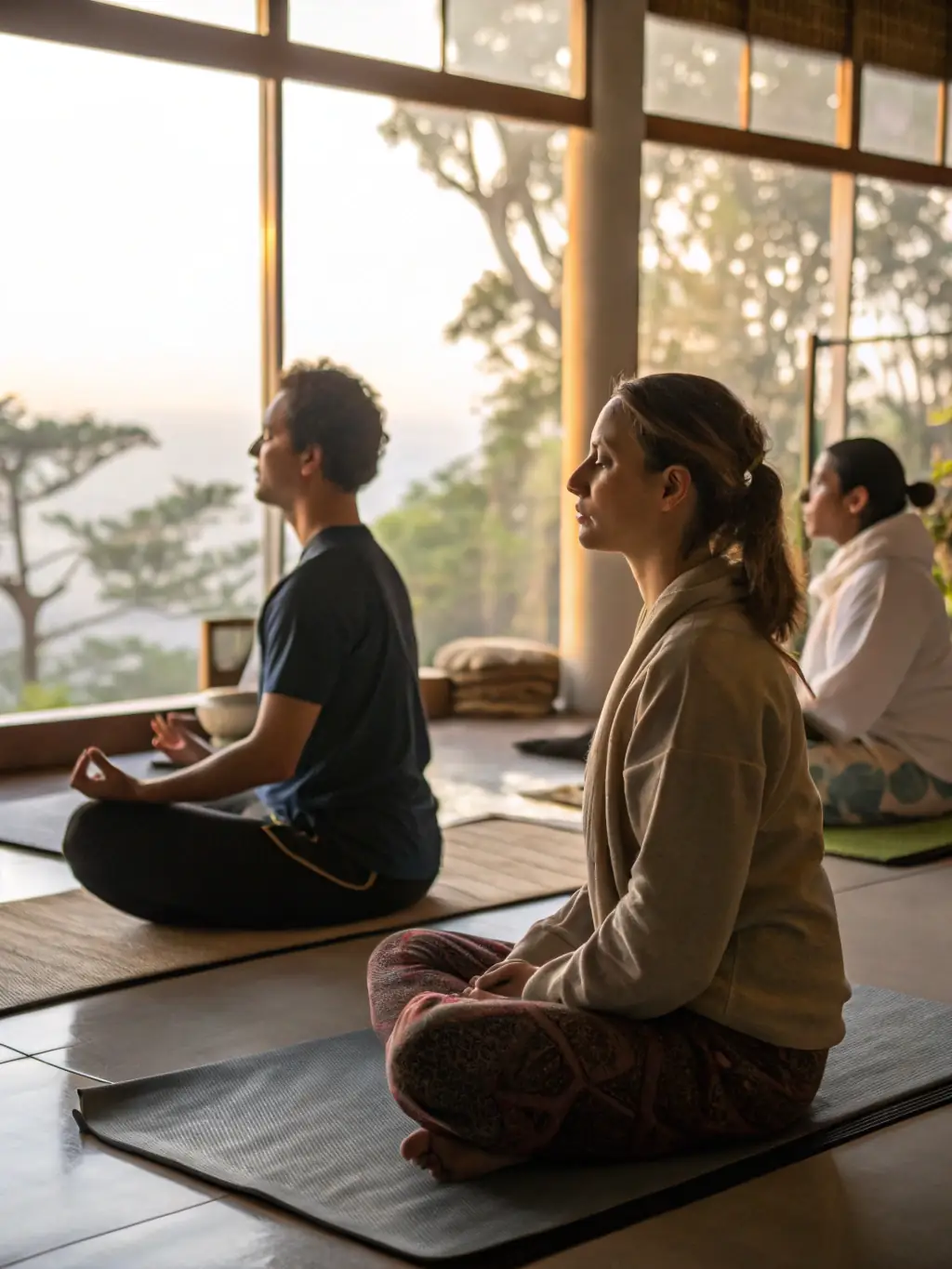A calming image of a meditation session, with participants seated in a circle, eyes closed, and focusing on their inner peace, for TAI CHI CHUAN EN ROUERGUE's website.