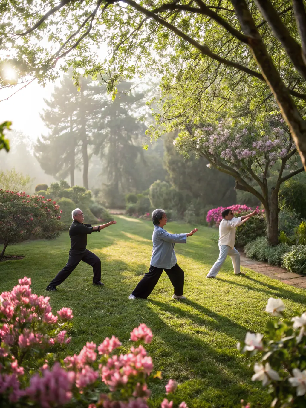 A peaceful image of individuals practicing Qi Gong in a natural outdoor setting, emphasizing their calm expressions and coordinated breathing, for TAI CHI CHUAN EN ROUERGUE's website.