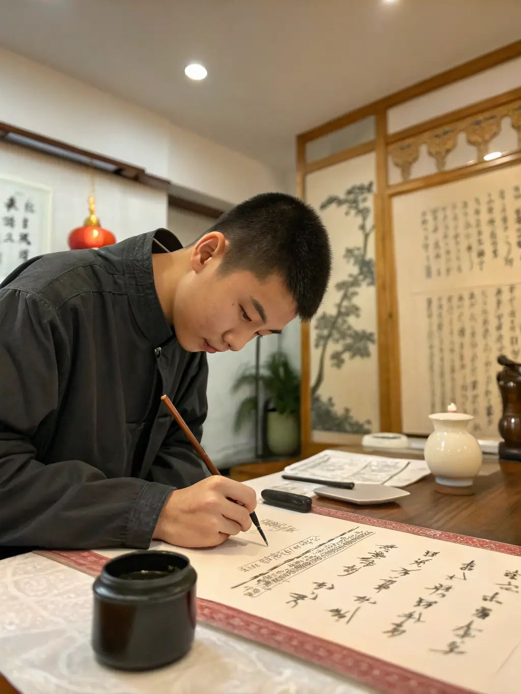 A close-up shot of a person's hand gracefully holding a Chinese calligraphy brush, poised to create a stroke on rice paper. The setting is a traditional art studio.
