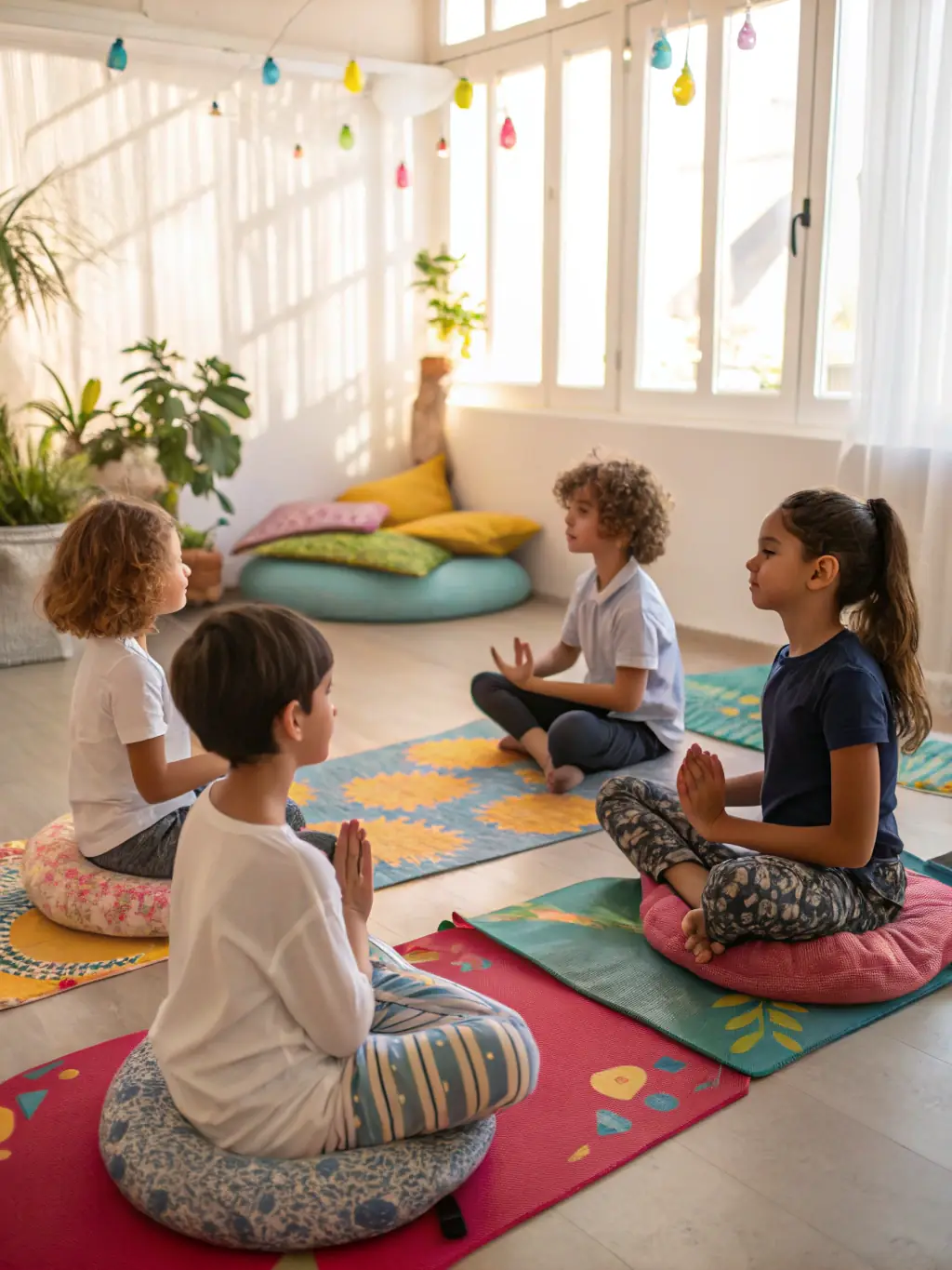 A calming image of a meditation session with participants sitting in a circle, eyes closed, and a gentle light illuminating the room, representing the peace and mindfulness cultivated in meditation classes at TAI CHI CHUAN EN ROUERGUE.