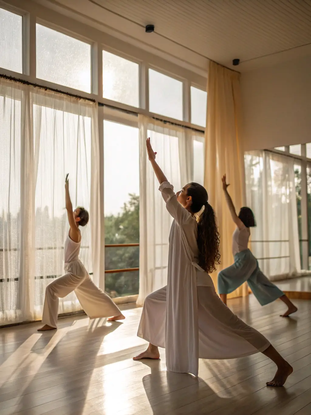 A serene image of a Tai Chi workshop in a sunlit studio, participants gently moving in unison, with the instructor guiding them. The focus is on the harmony and flow of the movements.